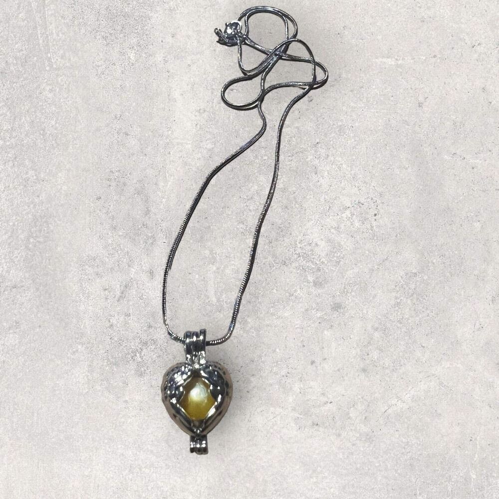 Silver Heart Shaped Cage Earrings and Pendant Necklace Set with Yellow Pearls - Picture 4 of 5